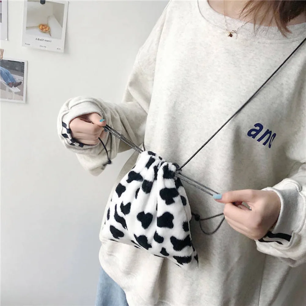Women Milk Cow Print Plush Small Crossbody Bag Cow Shoulder Bag Phone Purse Versatile Bags for Female Sling Bag