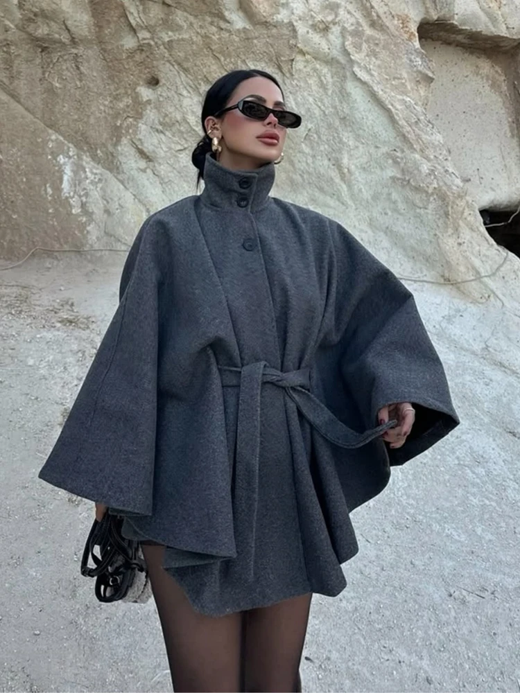 Women's Poncho Coats Vintage High Neck Cape Style Jacket Coat Long Sleeve With Belt Female Autumn Winter New Cloak Outerwear ﻿ ﻿