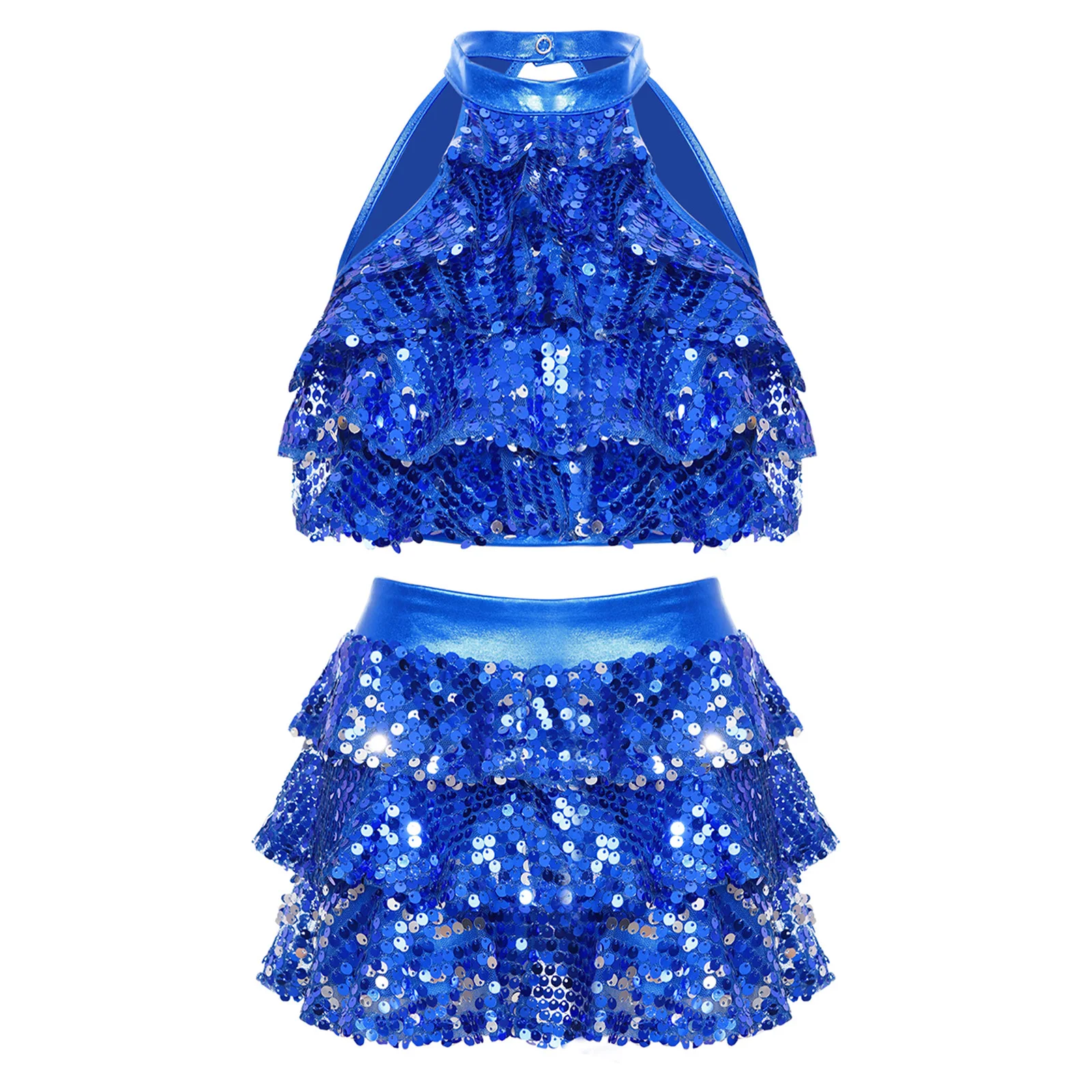 thumbnail image 1 of Traje de baile moderno para niñas, jazz, salsa latina, samba y rumba, top corto con lentejuelas brillantes metálicas y pantalones cortos con falda, culottes, 1 of 5