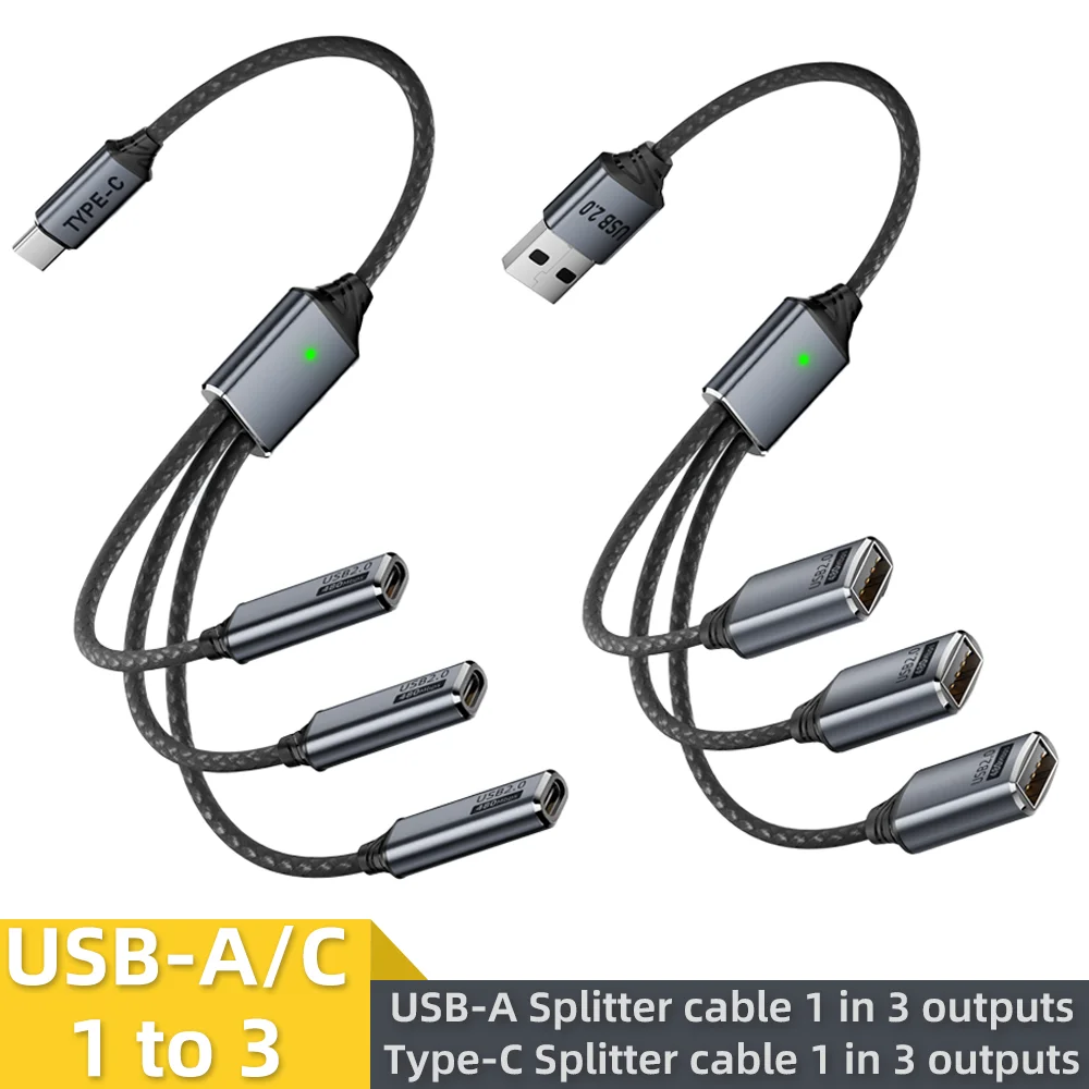 Multi-Port USB Expansion Hub: 3-in-1 Splitter Cable with USB-A/Type-C Outputs