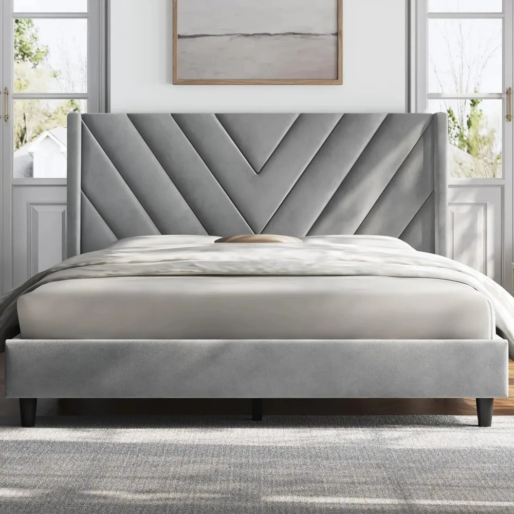 Full Bed Frame Upholstered Platform Bed with Wing Side Tufted Headboard/Sturdy Wooden Slat Support/No Box Spring Needed 1
