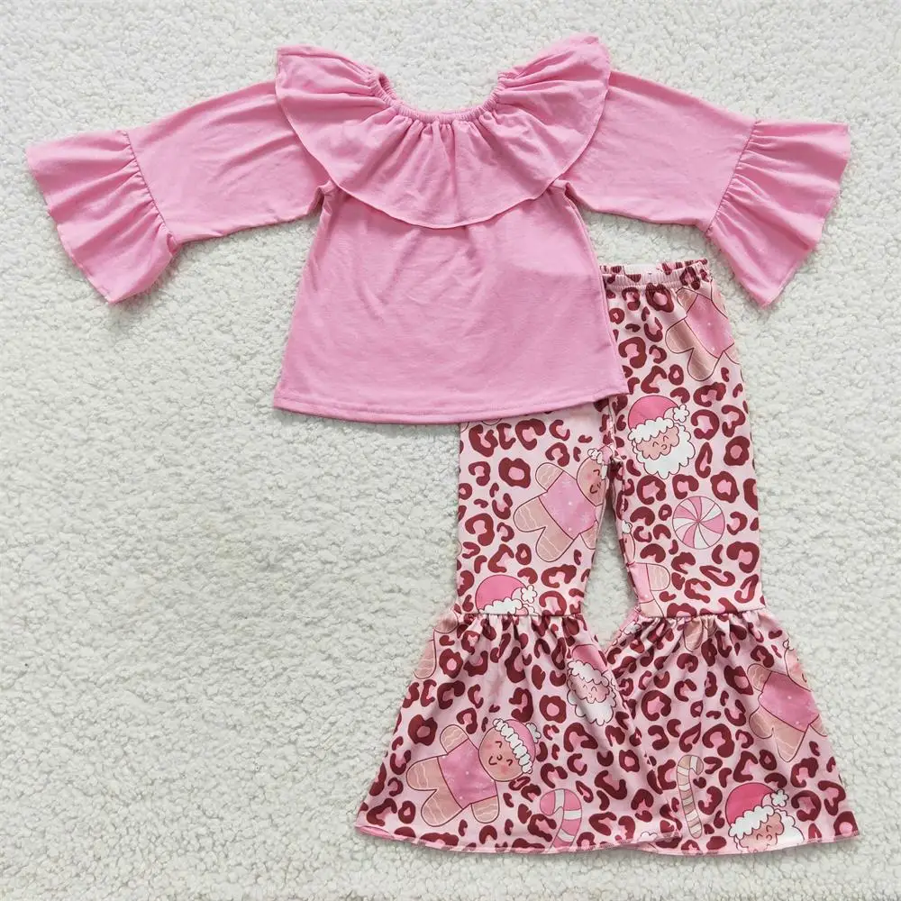 

Wholesale Toddler Kids Christmas Santa Candy Set Long Sleeve Pink Tunic Children Outfit Baby Girl Gingerbread Leopard Bell Pants