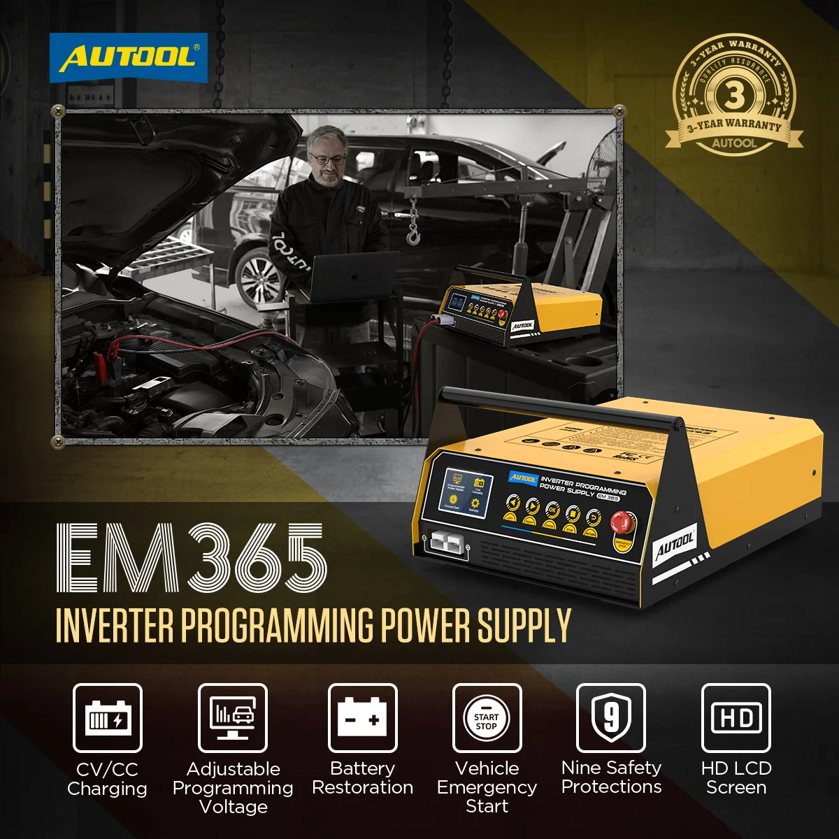 AUTOOL EM365 Automotive Uninterruptible 110V/220V Inverter Car Power Supply Batt