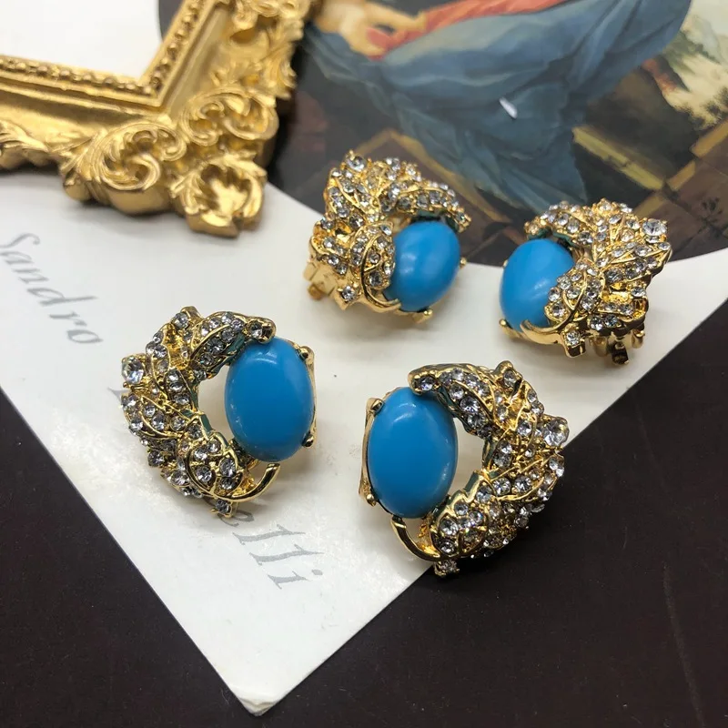 Classic Versatile Vintage Leaf Shape with Rhinestone Light Luxury Turquoise Earrings