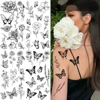 Black Flower Tattoo Sketch Tattoo Sticker Rose Blossom Tattoo Temporary Waterproof Fake Tattoo For Woman Art Tatoo Sticker 2