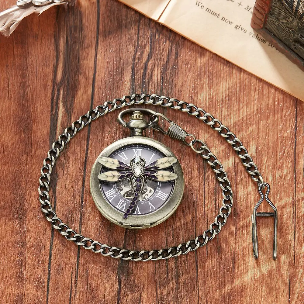 Dragonfly Luxury Rhinestone Skeleton Mechanical Pocket Watch with FOB Chain Steel Metal Clock Hand Winding Doctor Pendant Watch