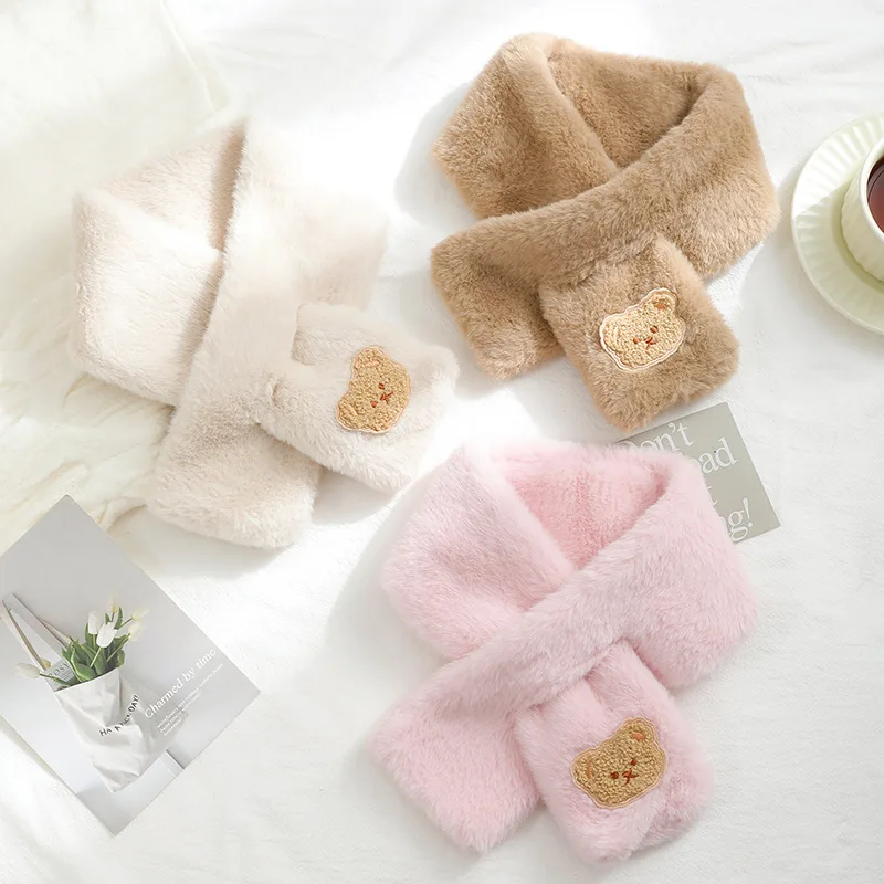 Korean Bear Baby Cross Scarf Winter Imitation Rabbit Fur Thick Warm Neck Cover for Boy Girl Outdoor Kids Windproof Neckerchief baby scarf,rabbit fur scarf