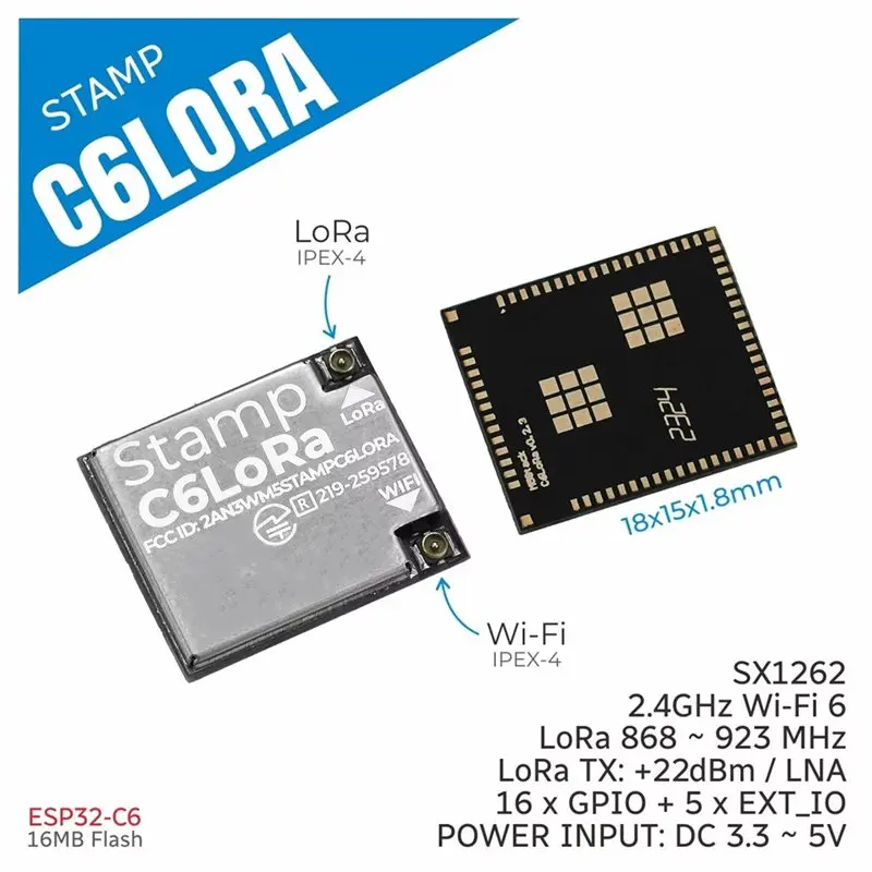 C6lora 모듈 ESP32-C6 SX1262 로라 2.4Ghz Wi-Fi6 850-960Mhz 주파수 대역 M5stamp C6lora 모듈 스탬프