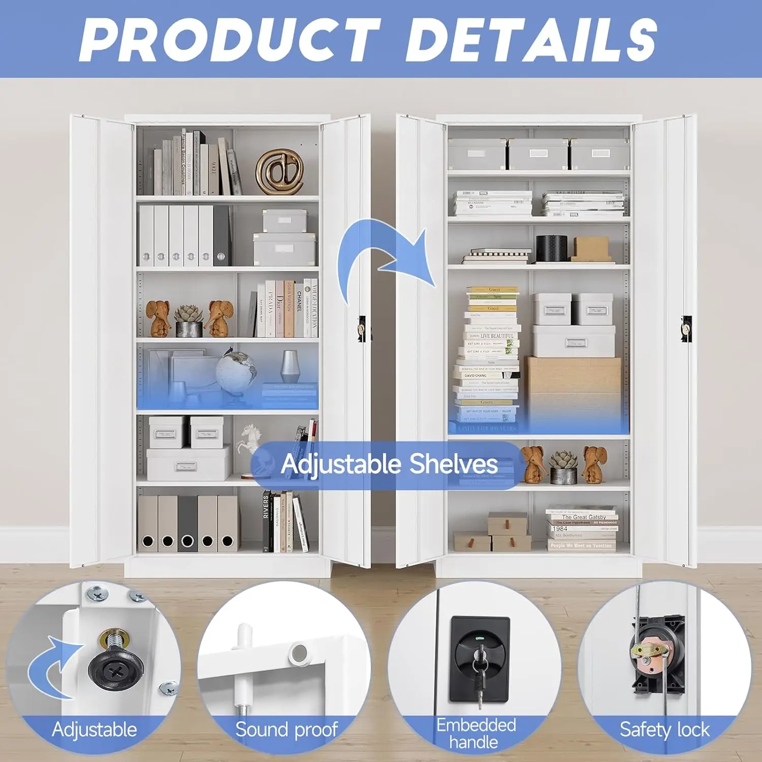 Yizosh Metal Garage Storage Tool Cabinet with Lock 71" Locking 2 Doors 5 Shelves Tall Steel Garage Heavy Duty File (White) 6