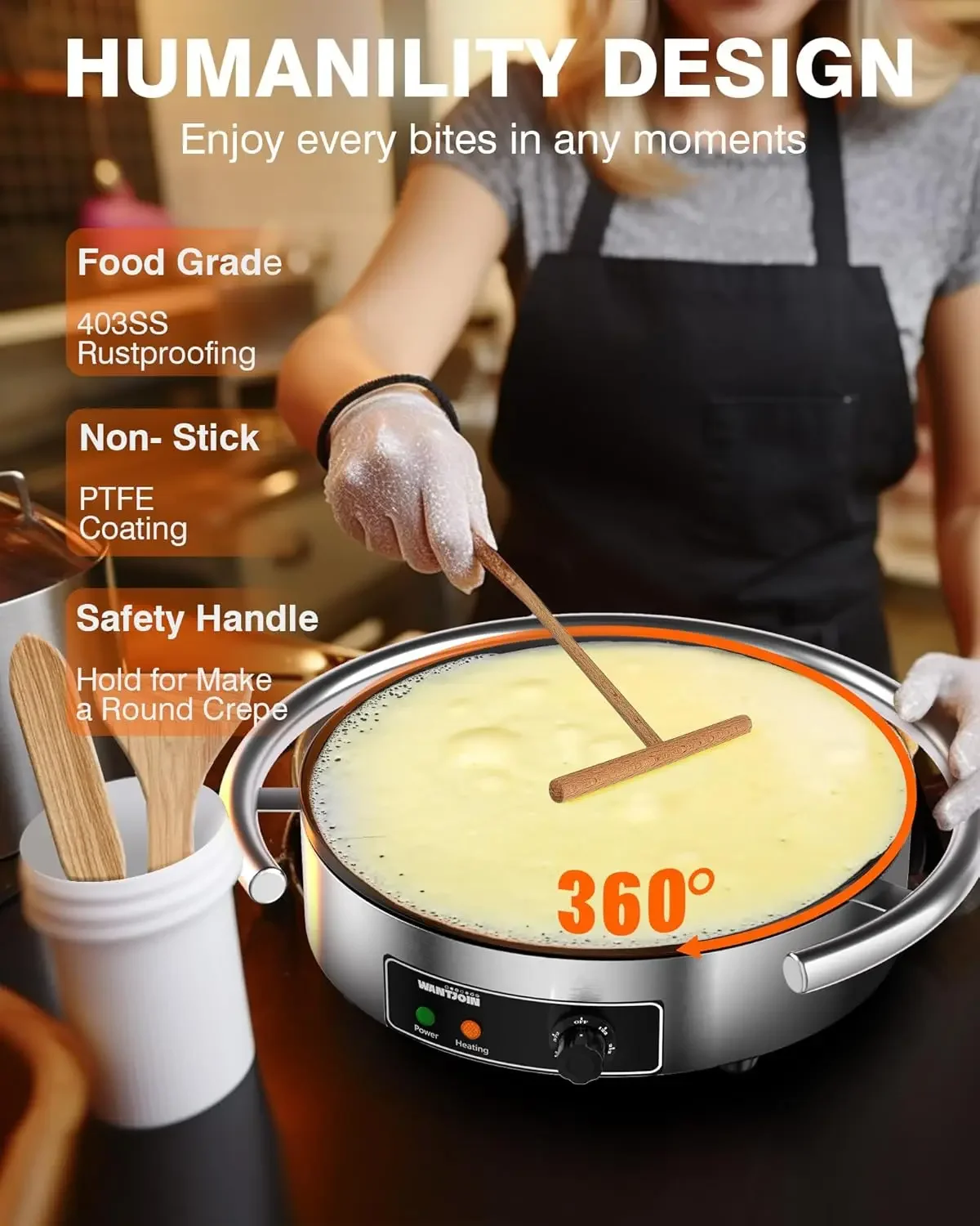 Commercial Electric Crepe Maker 16 Inch 110V Non-Stick 1700W Electric Crepe Machine Adjustable Temperature Control 403 Stainless 3