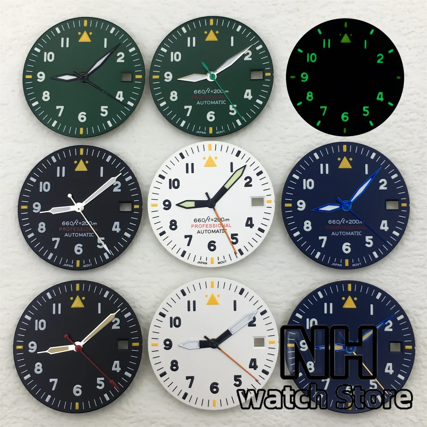 Pilot Watch Dial with Luminous Hands - Black, White, Blue, Green Options, 29mm
