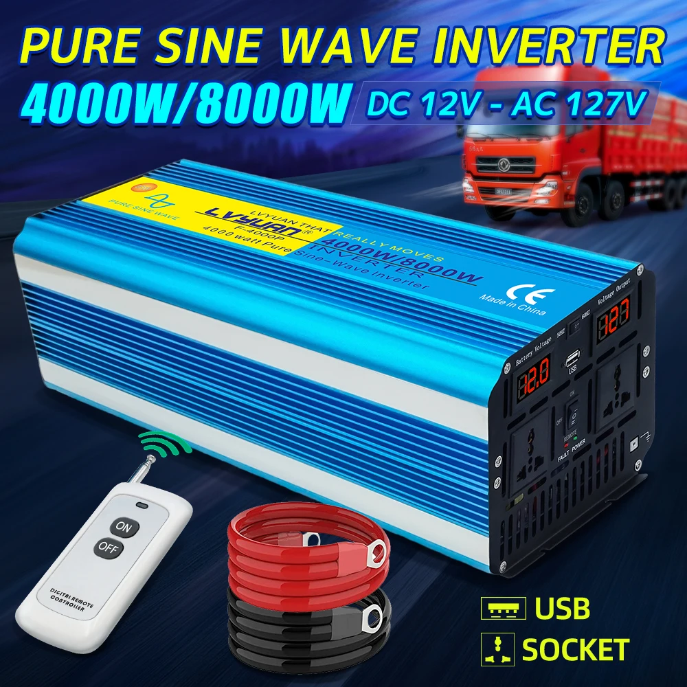 127V Lvyuan Car Inverter 4000W/8000W Pure Sine Wave Converter 60Hz USB Output High Power Universal Socket Solar Transformer