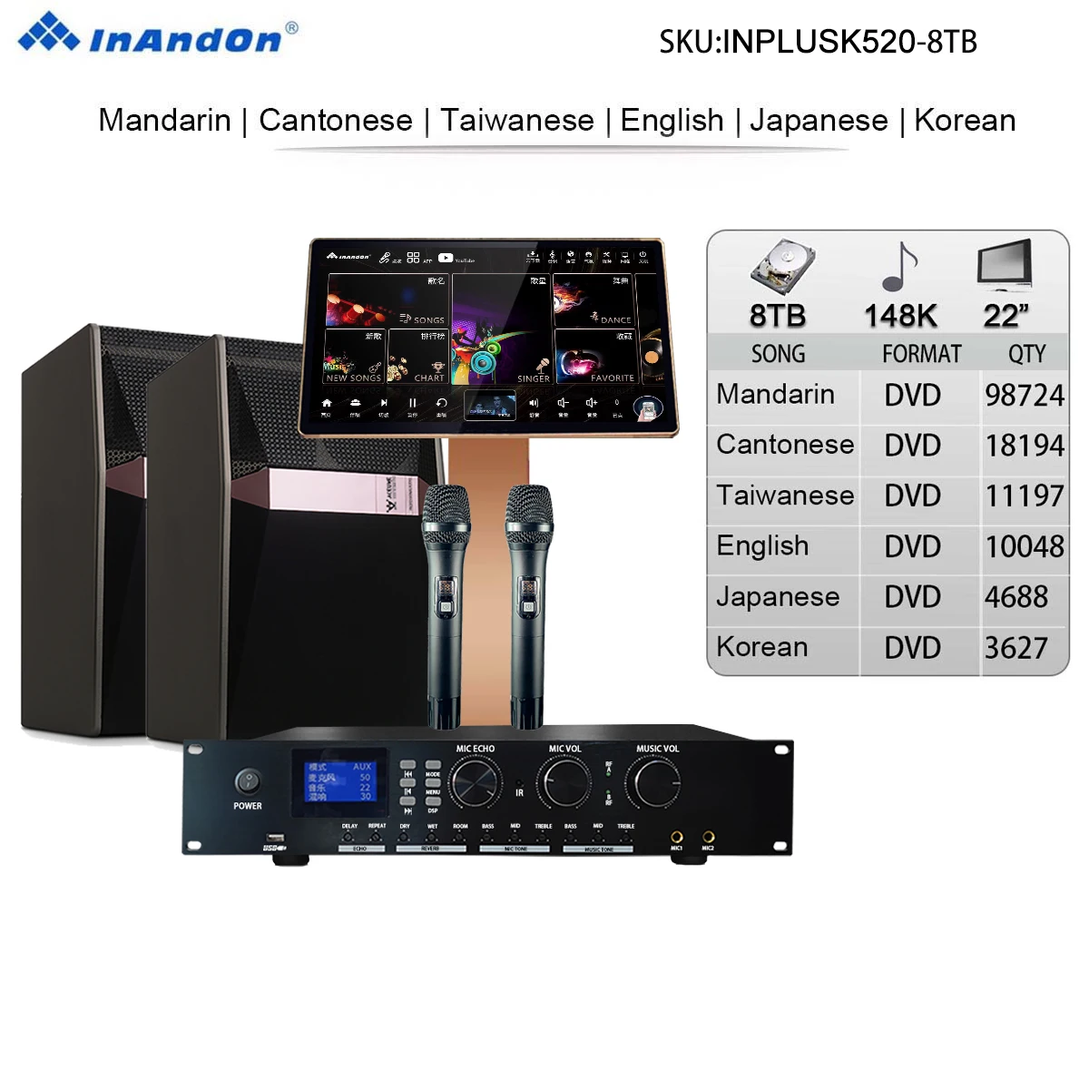22" 8TB 148K MIC INANDON Karaoke Player Intelligent Voice Keying Machine Online Movie Dual System Coexistence Touch Screen