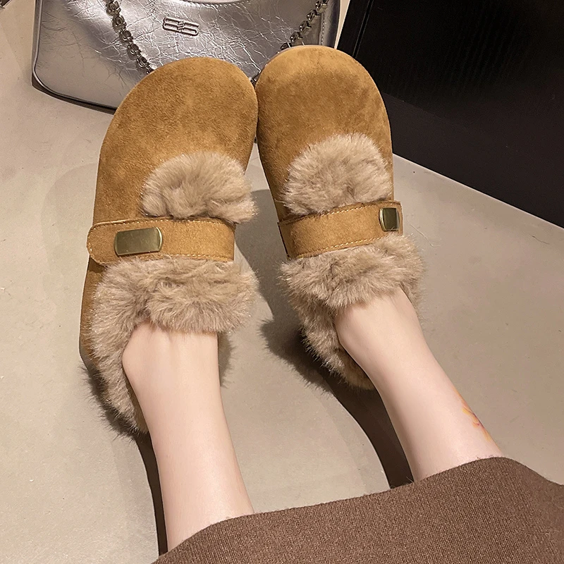Aphixta Metal Buckle Loafers Warm Winter Shoes Furry Women Loafers Leopard Print Suede Shoes Short Plush Lining Flat Heel Shoes