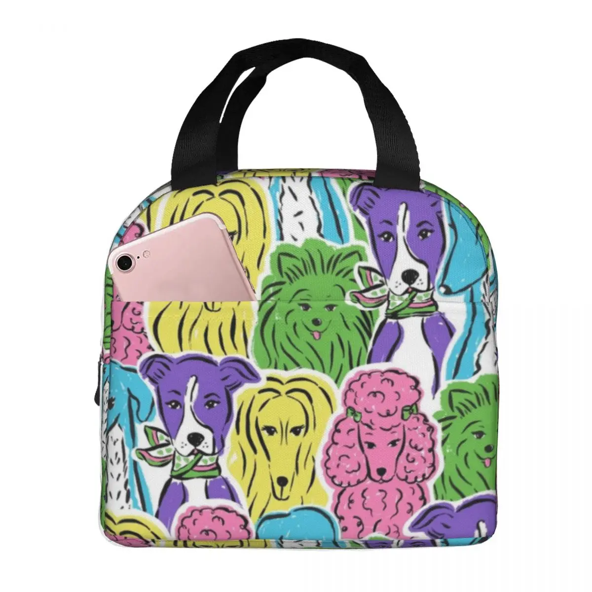

Colorful Dog Illustration Pattern Insulated Lunch Bags Picnic Bag Thermal Cooler Lunch Box Lunch Tote for Woman Work Kids School