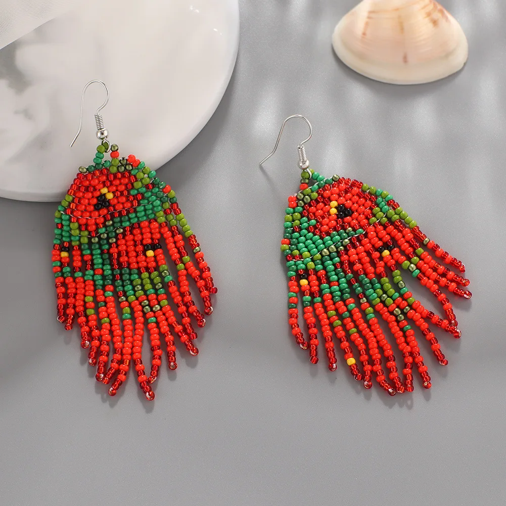 

Fringe Earrings Hand knitting Beading Bohemia Red flowers and green leaves Red sun fashion ma'am Rice Bead Earrings