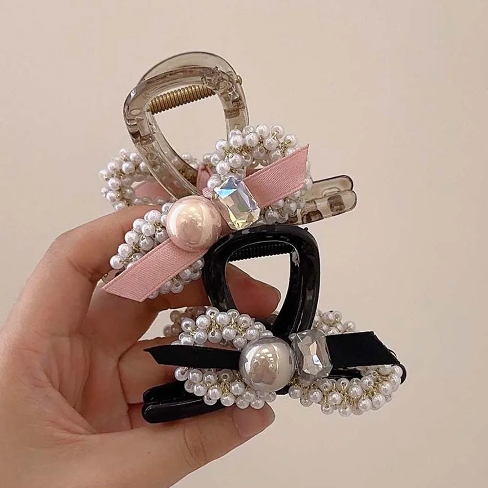 Resin Bow Hair Clips for Woman Imitation Pearls Zircon Hair Claw Clip Korean Hair Pin Temperament French Hair Accessories Gifts