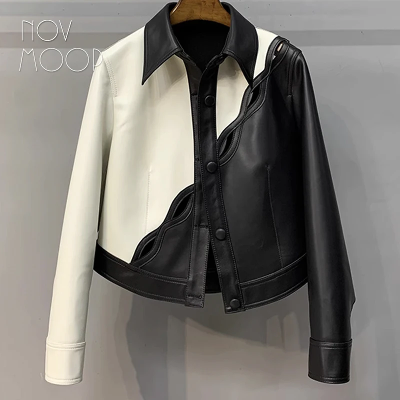 

Novmoop genuine leather women jackt black and cream white spliced top hollow out detailed designer style Italy feel LT3614