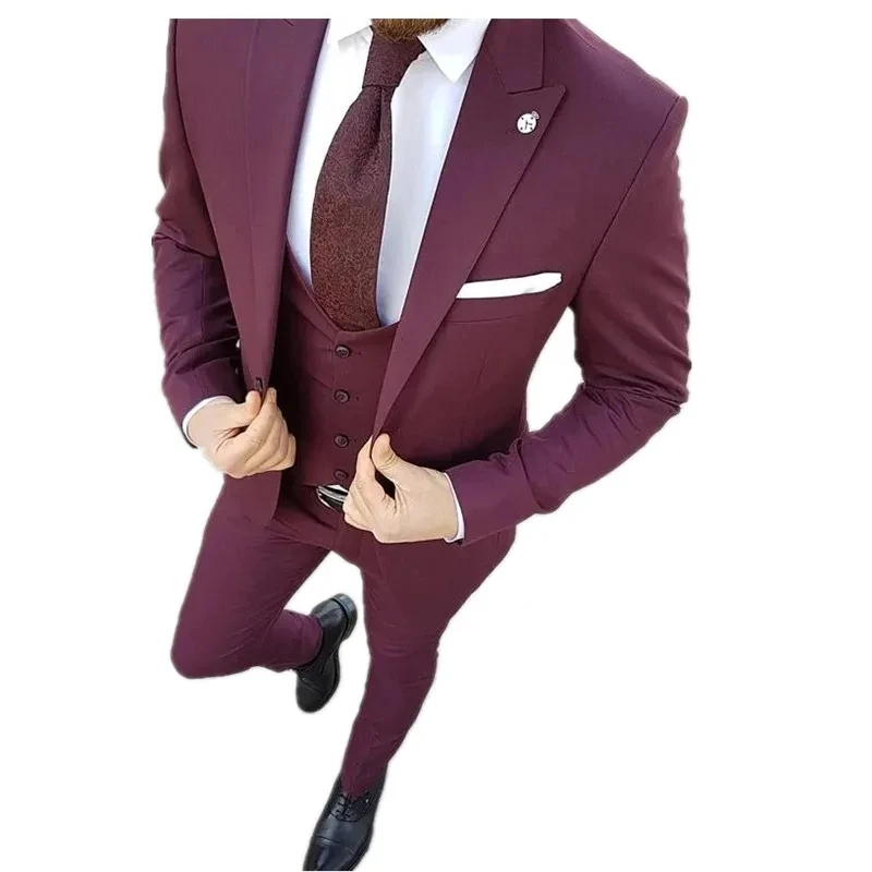 Slim Fit Casual Men Suits 3 Piece Groom Tuxedo for Wedding Prom Burgundy and White Male Fashion Costume Jacket Waistcoat Pants