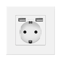 Enhanced Wall USB Plug with Dual EU Standard 16A AC Sockets - Modern Design 110V - 250V Panel Socket - USB white