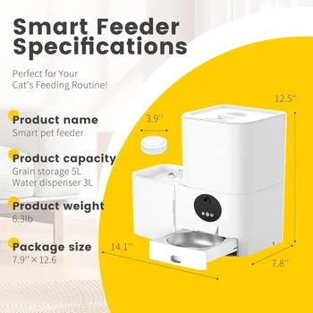 2-in-1 Automatic Cat Feeder & Cat Water Fountain, 5G WiFi Automatic Dog Feeder, 5L Food & 3L Water Dispenser, Voice 2