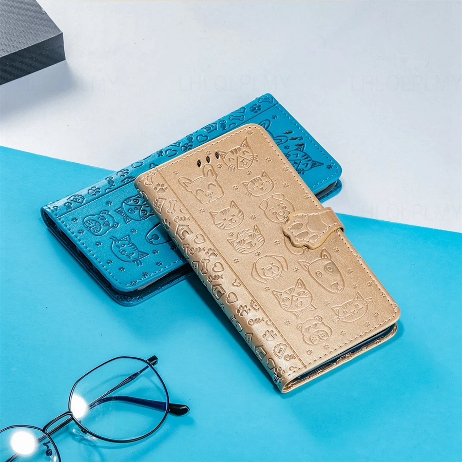 Leather Wallet Flip Case with Cat and Dog Design