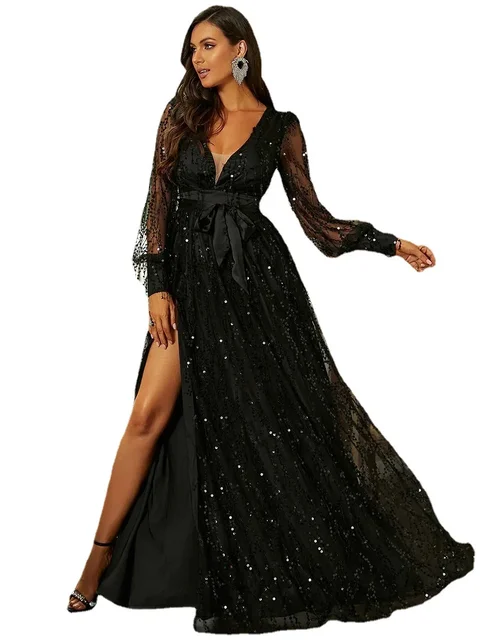 2024 Women's Autumn New Black Silk Mesh Sequins Long Evening Dress Brightly Stated Gown For Special Occasions Formal Affairs 5