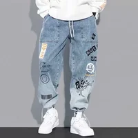 Yoaautumn New Men's Jeans Loose Fit Letter Print Trendy Brand Cartoon Doodle Designer Casual Hip Hop Style Male Denim Pants