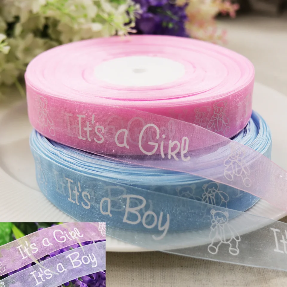 BIT.FLY 25mm 5yard It's A Boy/Girl Organza Ribbon Cute Pink/blue