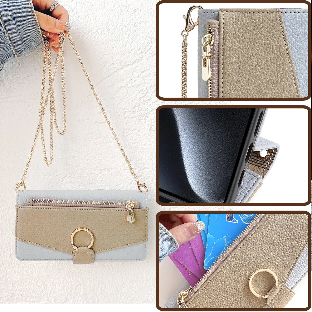 Elegant Leather Crossbody Phone Wallet with Flip Mirror Cover and Long Lanyard