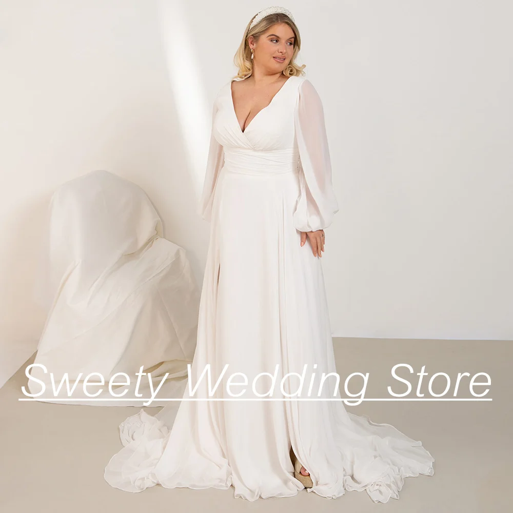 New Wedding Dresses Plus Size Simple Bride Gown Puff Sleeves V Neck Pleat Slit Sweep Train Vestidos De Novia Beach Bridal Dress 3