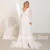 New Wedding Dresses Plus Size Simple Bride Gown Puff Sleeves V Neck Pleat Slit Sweep Train Vestidos De Novia Beach Bridal Dress 3