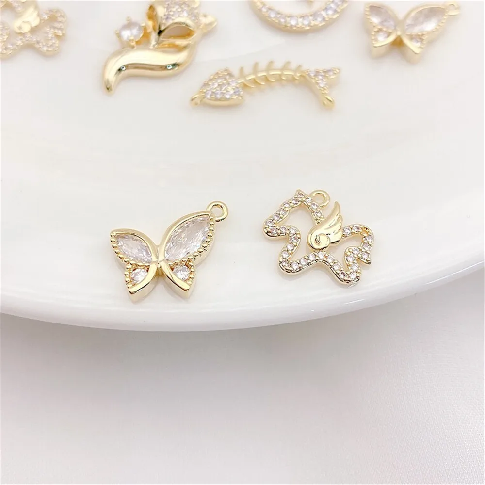 14K 골드 도금 마이크로 지르콘 문 나비 고양이 매력 펜던트 DIY 쥬얼리 용품 목걸이 팔찌 공예 액세서리 비즈