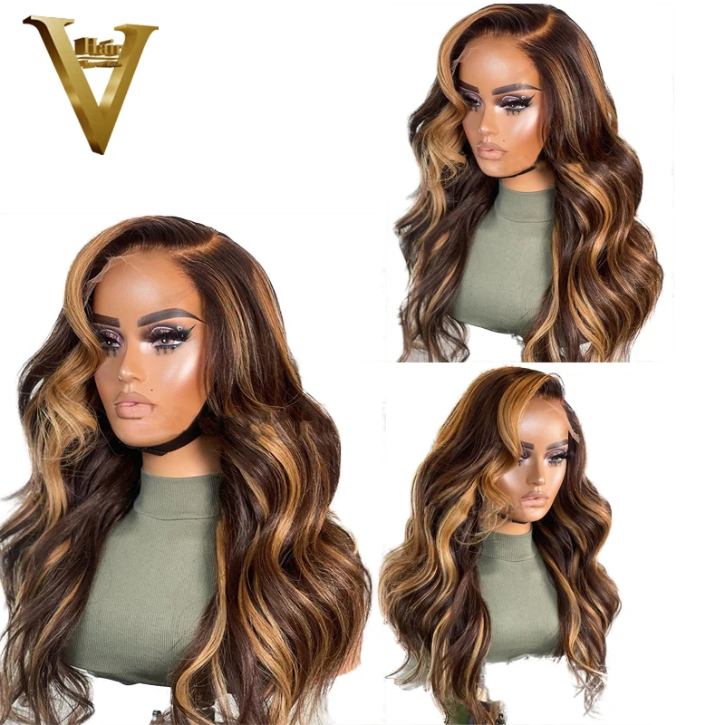 

Highight Omber Honey Blonde Color Wig Body Wave 13X4 Lace Front Human Hair 4X4 Closure Frontal Wigs Preplucked With Baby Hair