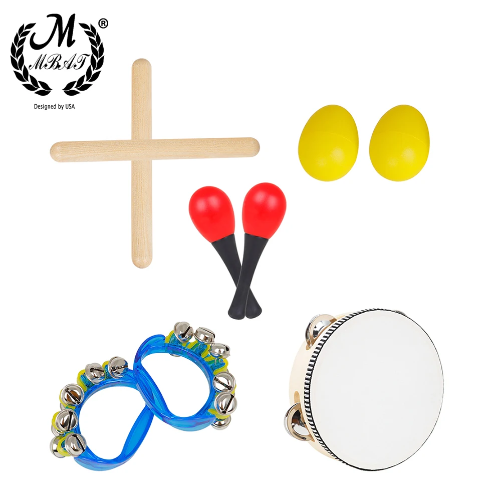 M MBAT 5Pcs Set Orff Instrument Set 6 Inch Black Lamb Chop Tambourine Sand Egg Rhythm Stick Children's Percussion Instrument