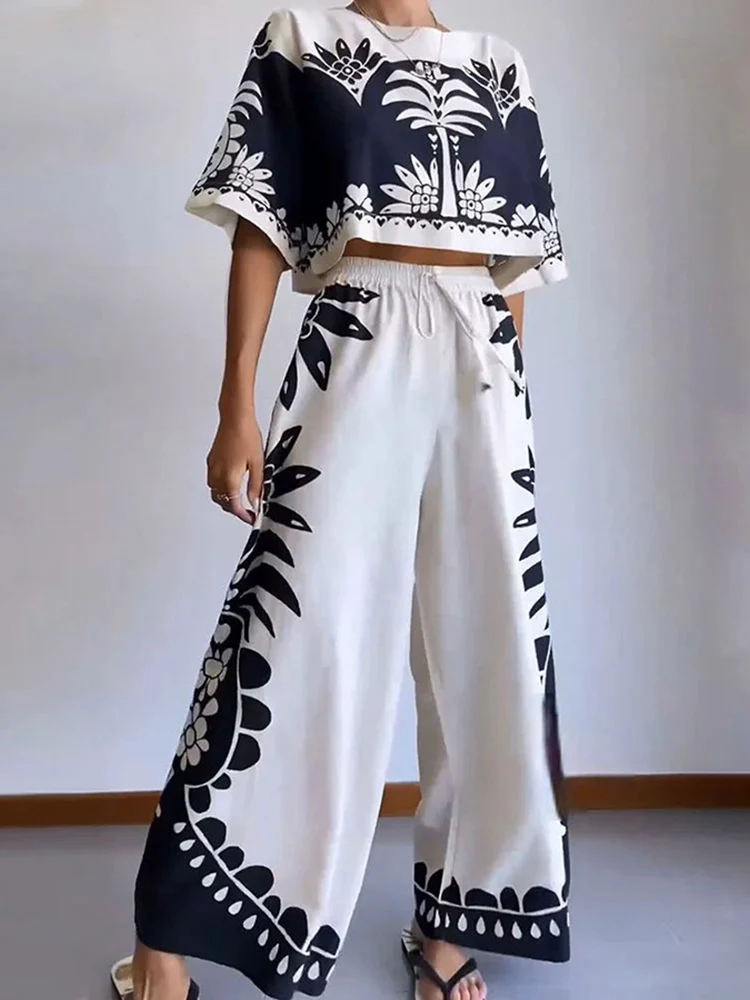 

O-Neck Short Top Print Outfit, Women Spring Summer Half Sleeve Wide Leg Pants Two Pieces Set, Loose Fashion Elegant Ladies Suits