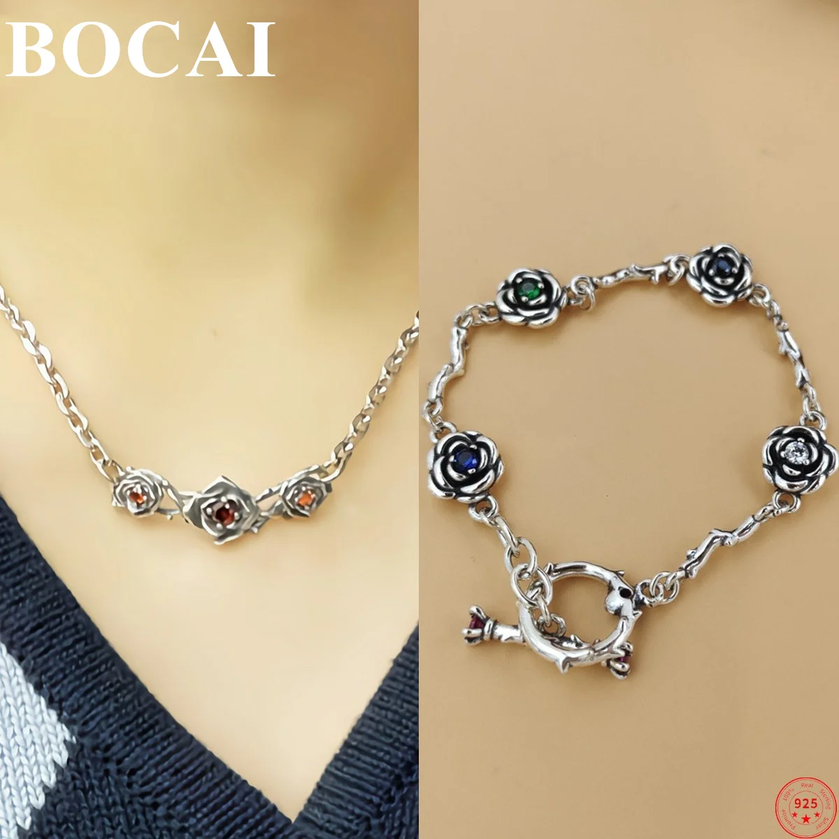 

BOCAI S925 Sterling Silver Necklaces for Women New Fashion 3D Rose Zircon O-chain Bacelets Argentum Jewelry Free Shipping