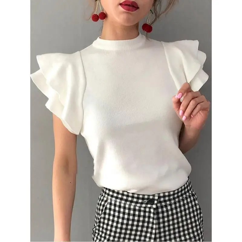 

Half Turtleneck Ruffle Sweet Pullover Knitwear 2021 Summer Korean New Causal Solid Slim Knitted Tops Women Tops Jumper Indie Y2k