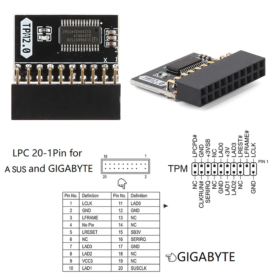 Asus TPM 2.0 20Pin Asus TPM Module PCB TPM 2.0 Encryption Security Module 20Pin 2 10P Standalone Crypto Processor TPM 2.0 Module for Win11 for Gigabyte for Asus