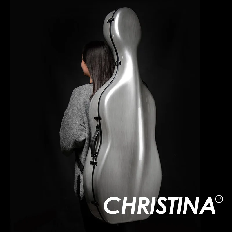 

CHRISTINA Cello Case Silver Grey, Glass Steel Carbon Fiber, with Wheels Handle Combination Lock (CB07)