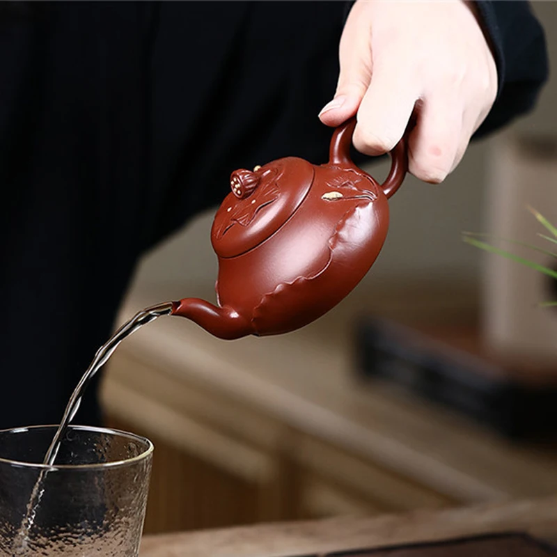 Chinese Style Lotus leaf shape Teapot, Purple Clay Raw ore Dahongpao, Kung Fu Household, Pure Handmade, 200ML, Tea Pots, 1Pc