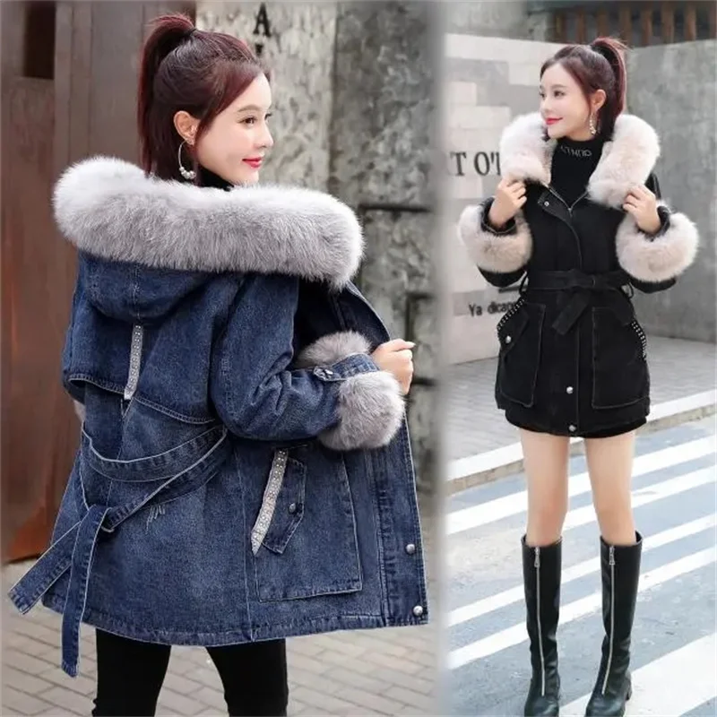 

Women Denim Jacket Winter Cowboy Coats Female Korean Fashion Denim Cotton Jacket Ladies Hooded Fleece Warm Windbver Overcoat