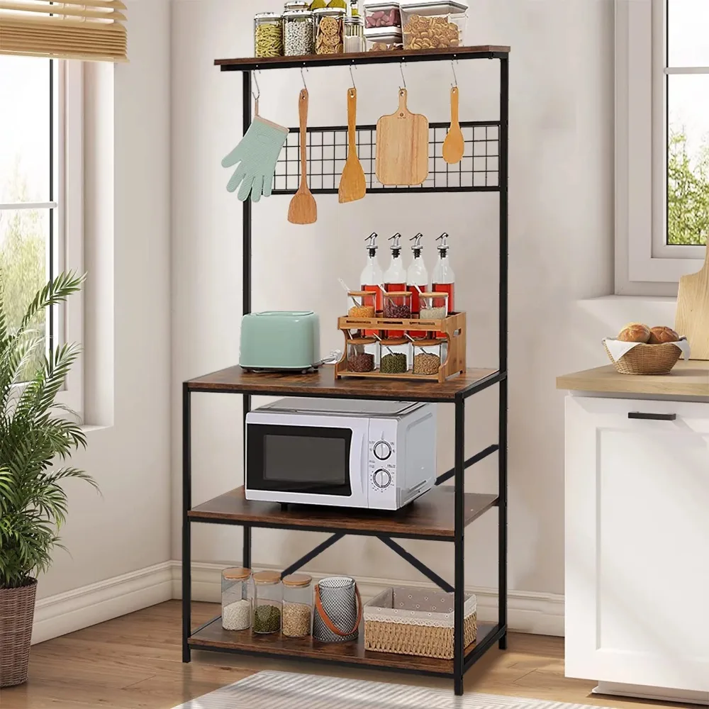 

4 Tier Baker's Rack for Kitchens Rack Storage Shelf Cart with Hanging Hooks Brown