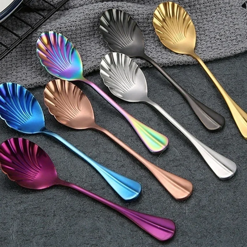 Stainless Steel Spoon Shell Shape Coffee Teaspoons Ice Cream Scoops