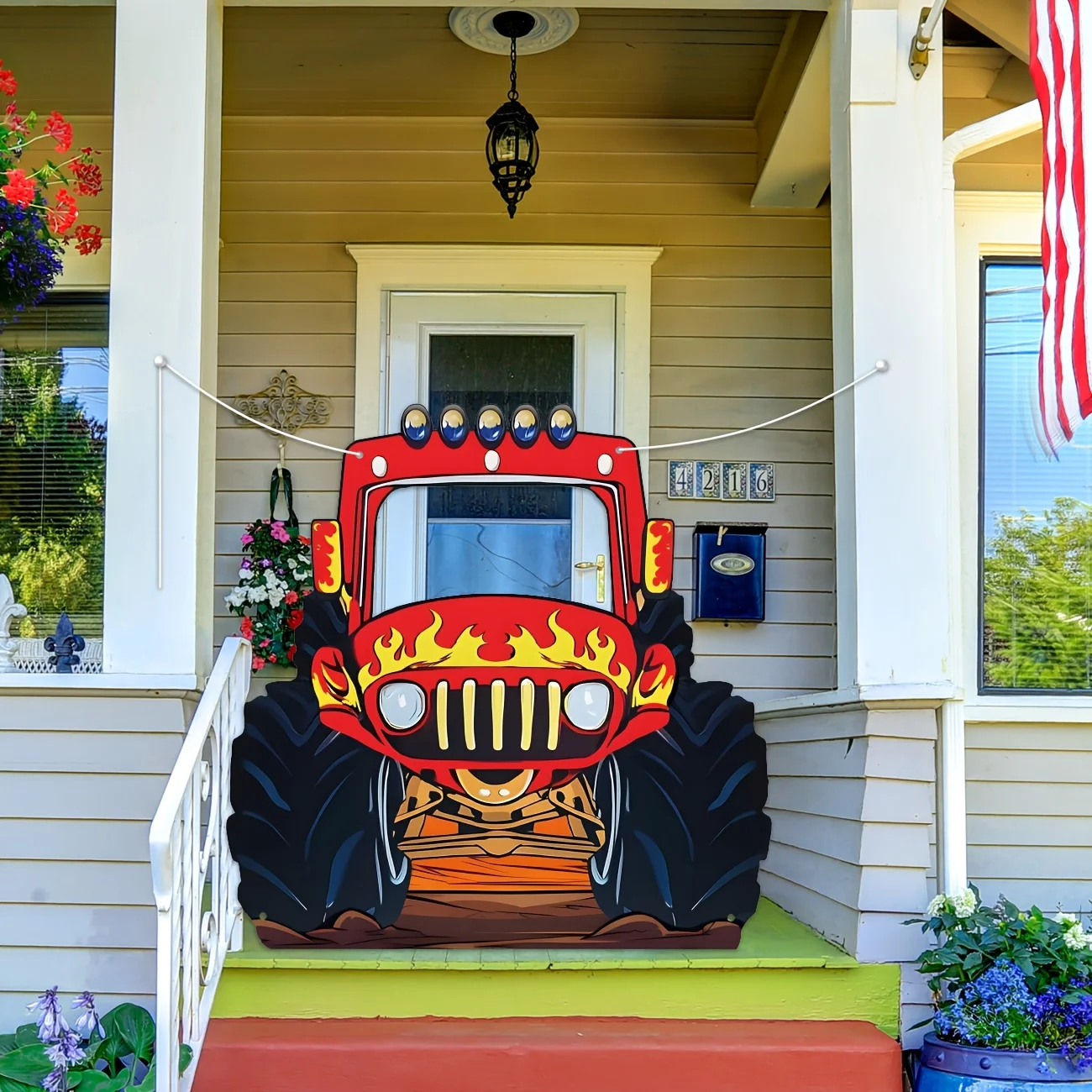 אביזרי תמונה של משאית מפלצת גדולה, רקע לתמונות של משאית מפלצת ענקית, קישוט למסיבה, דגל רקע מצחיק