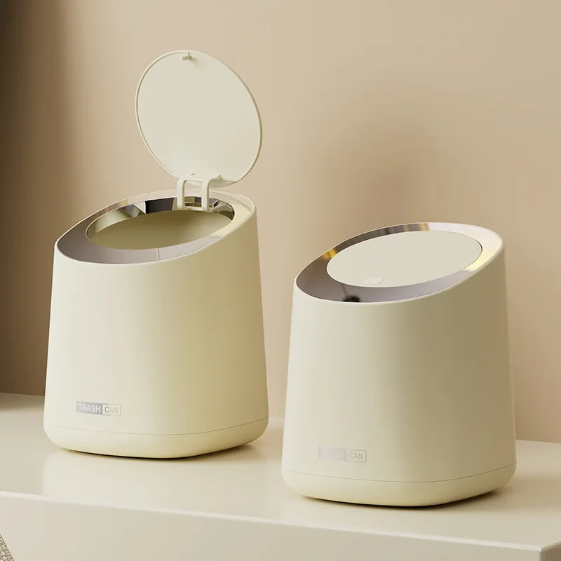 

Cream Style Desktop Trash Bin with Lid, Push-down Table Trash Can, Good-looking, Ins Style