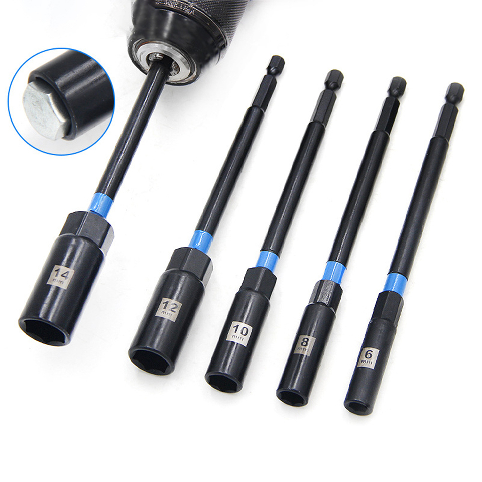 5pcs 150mm Length Hex Nut Driver Drill Bit Adapter Socket Wrench Extension Sleeve 8-12mm For Pneumatic Screwdrivers Power Tools