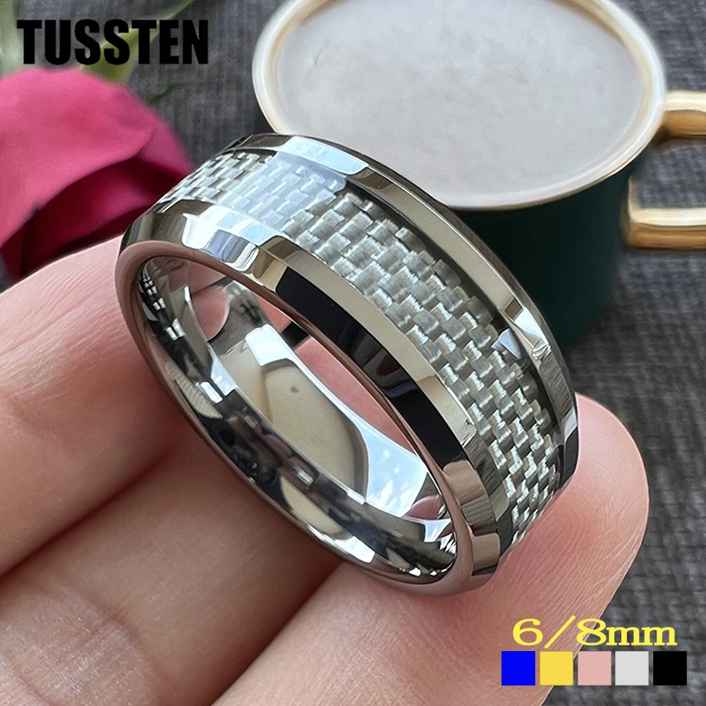 TUSSTEN 6/8MM Classic Tungsten Wedding Band Ring For Men Women With White Carbon Fiber Inlay Bevel Polish Comfort Fit