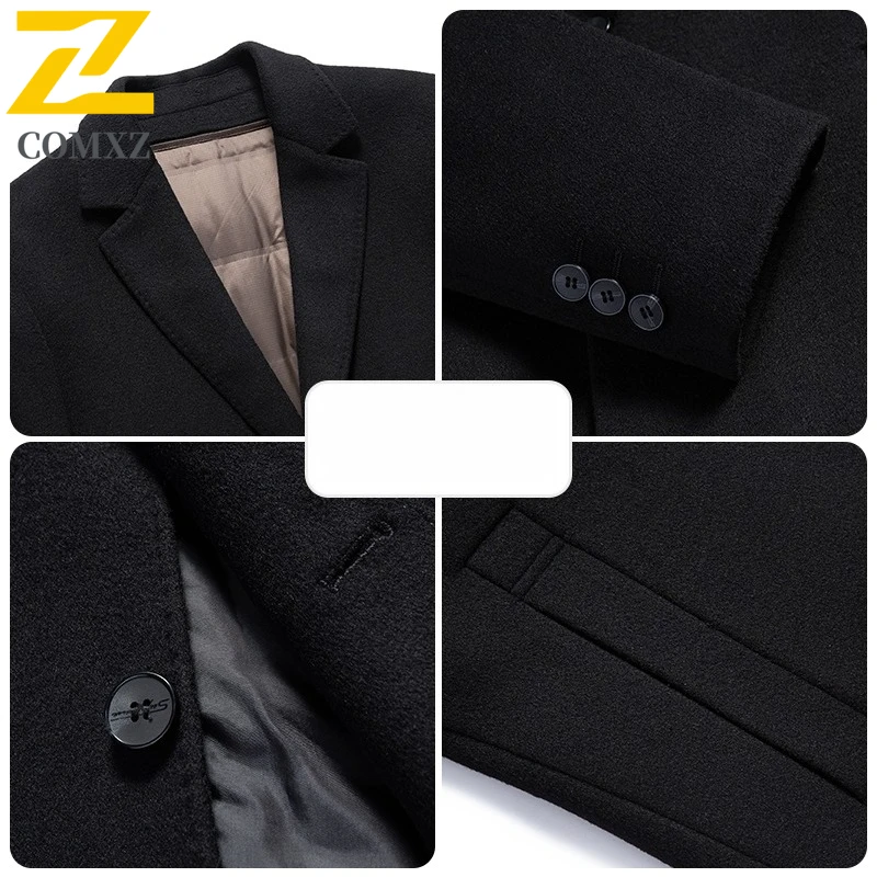 COMXZ Men Wool Blends Coat Mid Length Removable Liner Business Golf Trench Coat Office Banquet Light Luxury High End Wool Jacket