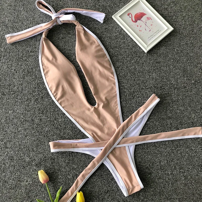 Women Sport Swimsuits Sexy One Piece Swimsuit Thong Monokini Swimwear Women Backless Cut Out Halter Bandage V Neck Plunging Bathing Suit